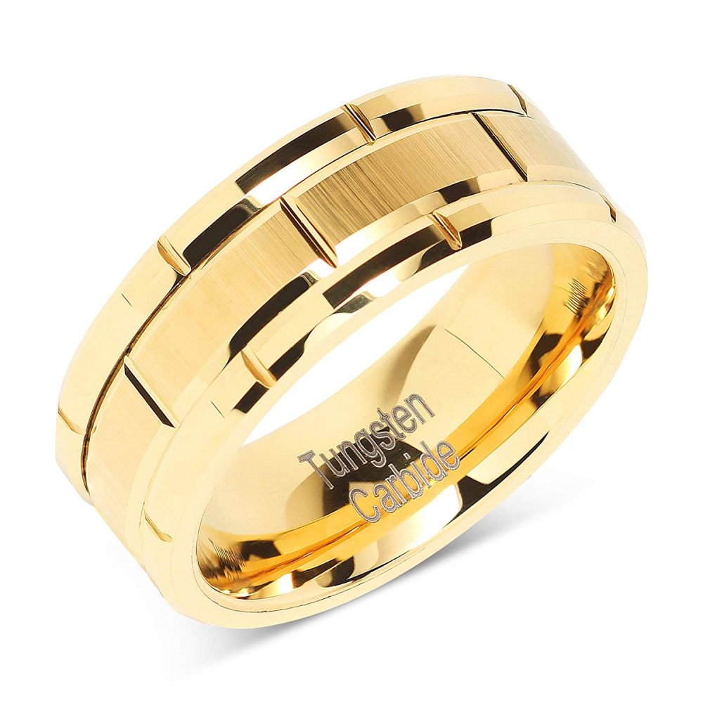 Tungsten Made Engraved lovers romance Gold Multi Beveled Brick 8mm Tungsten Ring - forever carbide custom mens womens | wedding bands