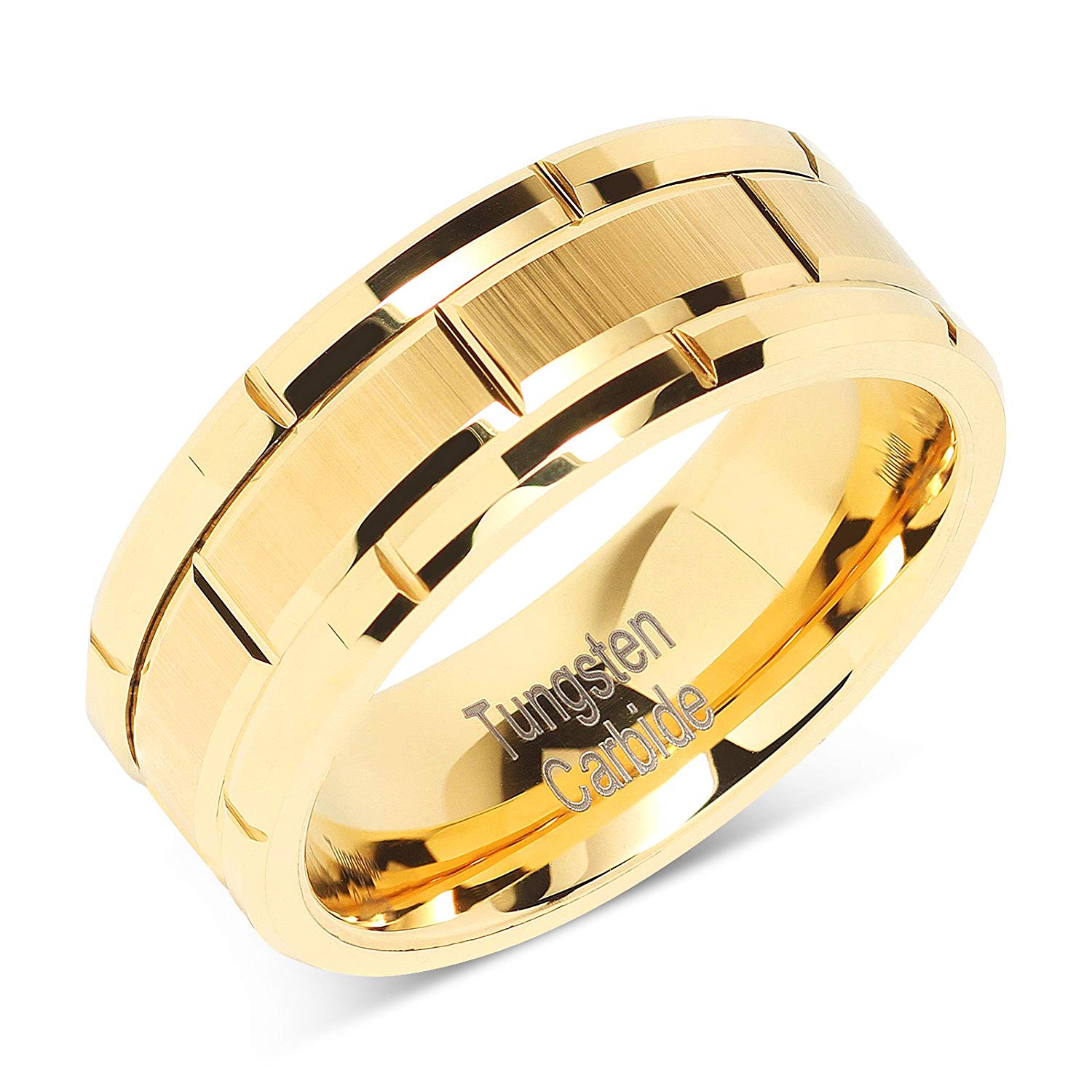 Tungsten Made Engraved lovers romance Gold Multi Beveled Brick 8mm Tungsten Ring - forever carbide custom mens womens | wedding bands