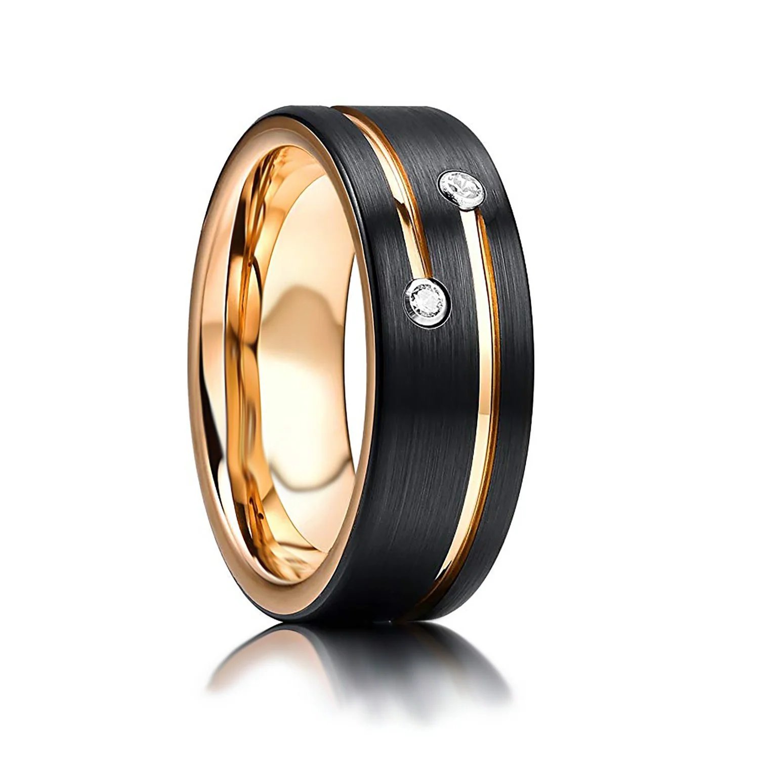 Tungsten Made Engraved lovers romance Coda Black Tungsten Ring with Gold Lines and Two Diamonds 8mm - forever carbide custom mens womens | wedding bands