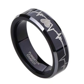 Tungsten Made Engraved lovers romance EKG Black Beveled Tungsten ring 8mm - forever carbide custom mens womens | wedding bands