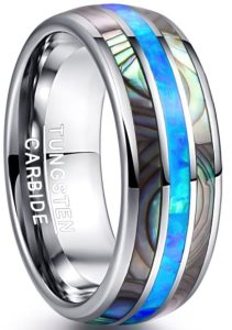 Tungsten Made Engraved Abalone Tungsten Ring with Opal Center 8mm - carbide custom | wedding bands