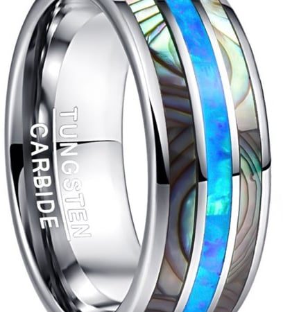 Tungsten Made WEDDING RINGS Engraved Abalone Tungsten Ring with Opal Center 8mm Custom Men Women - Tungsten Wedding Bands