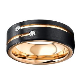 Tungsten Made Engraved lovers romance Coda Black Tungsten Ring with Gold Lines and Two Diamonds 8mm - forever carbide custom mens womens | wedding bands