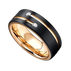 Tungsten Made Engraved lovers romance Coda Black Tungsten Ring with Gold Lines and Two Diamonds 8mm - forever carbide custom mens womens | wedding bands