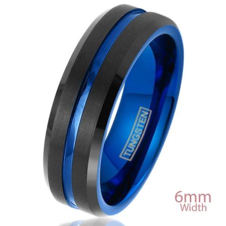 Tungsten Made WEDDING RINGS Engraved Black and Blue 6mm Tungsten Carbide Ring Custom Men Women - Wedding Bands