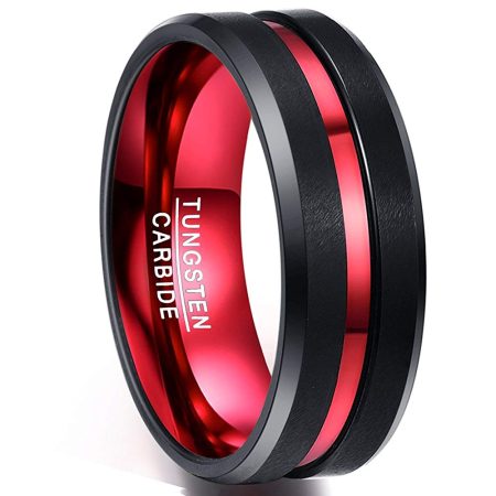 Tungsten Made Engraved Wedding Black and Red Beveled Firefighter Tungsten Band 8mm Custom Men Women engraved - CARBIDE Wedding Bands