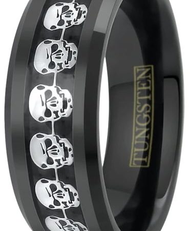 Tungsten Made WEDDING RINGS Engraved Skull Black Tungsten Carbide Ring 8mm Custom Men Women - Tungsten Wedding Bands